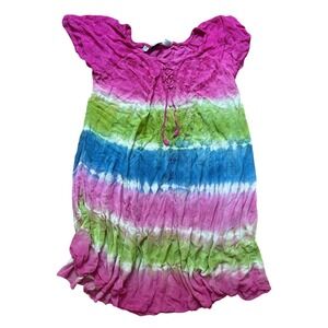 Jessica Taylor Tunic Top Women Multicolor Tie Dye‎ Boho Embroidered SIZE M